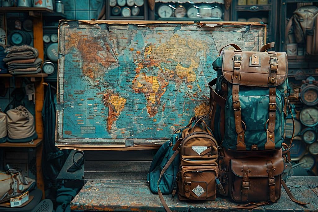 A large map with bags in front of it.